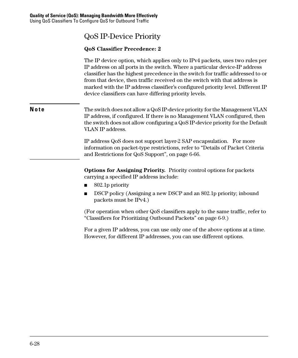 Qos ip-device priority, Qos ip-device priority -28 | HP 2610-PWR User Manual | Page 218 / 364