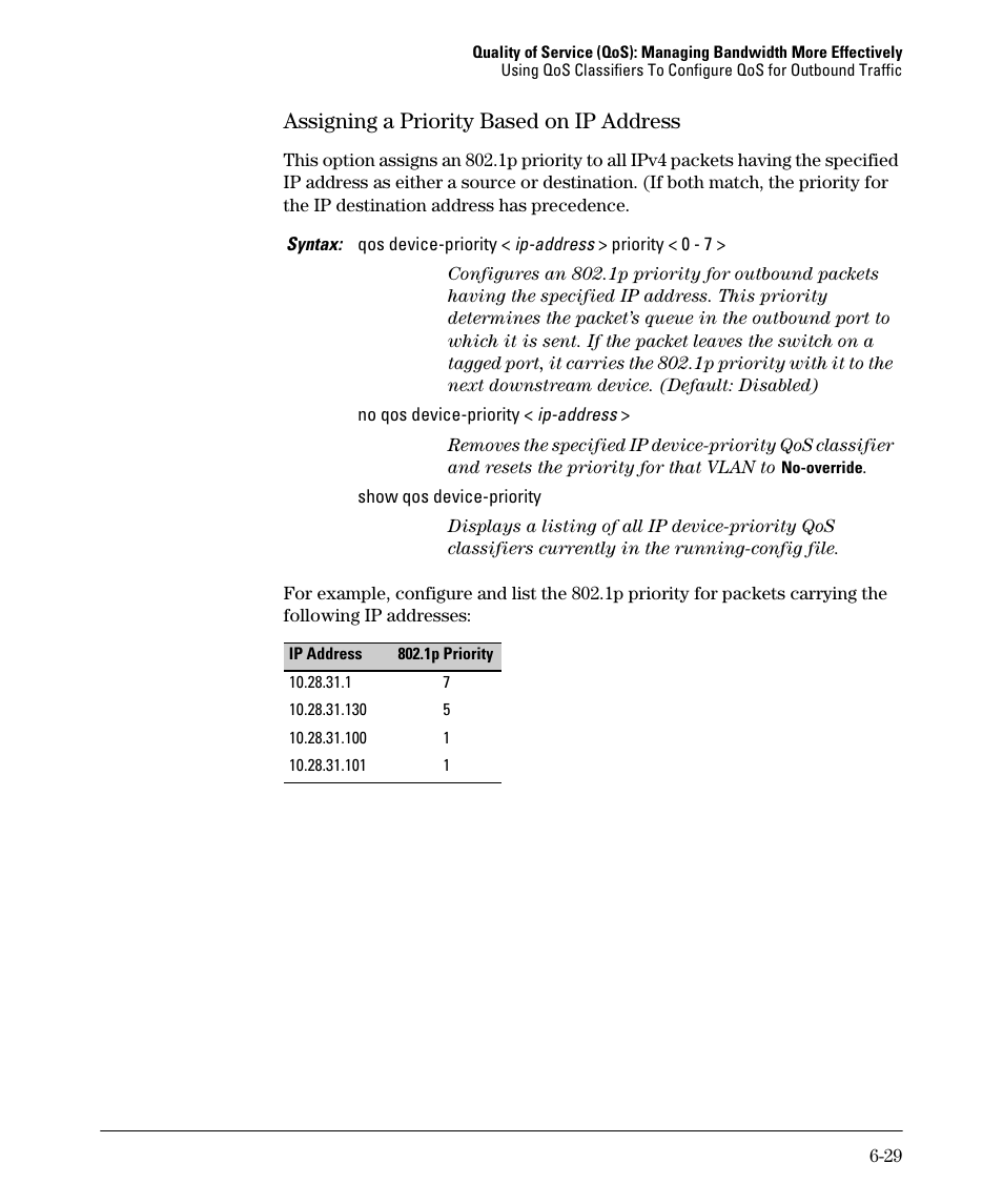 Assigning a priority based on ip address, Assigning a priority based on ip address -29 | HP 2610-PWR User Manual | Page 219 / 364