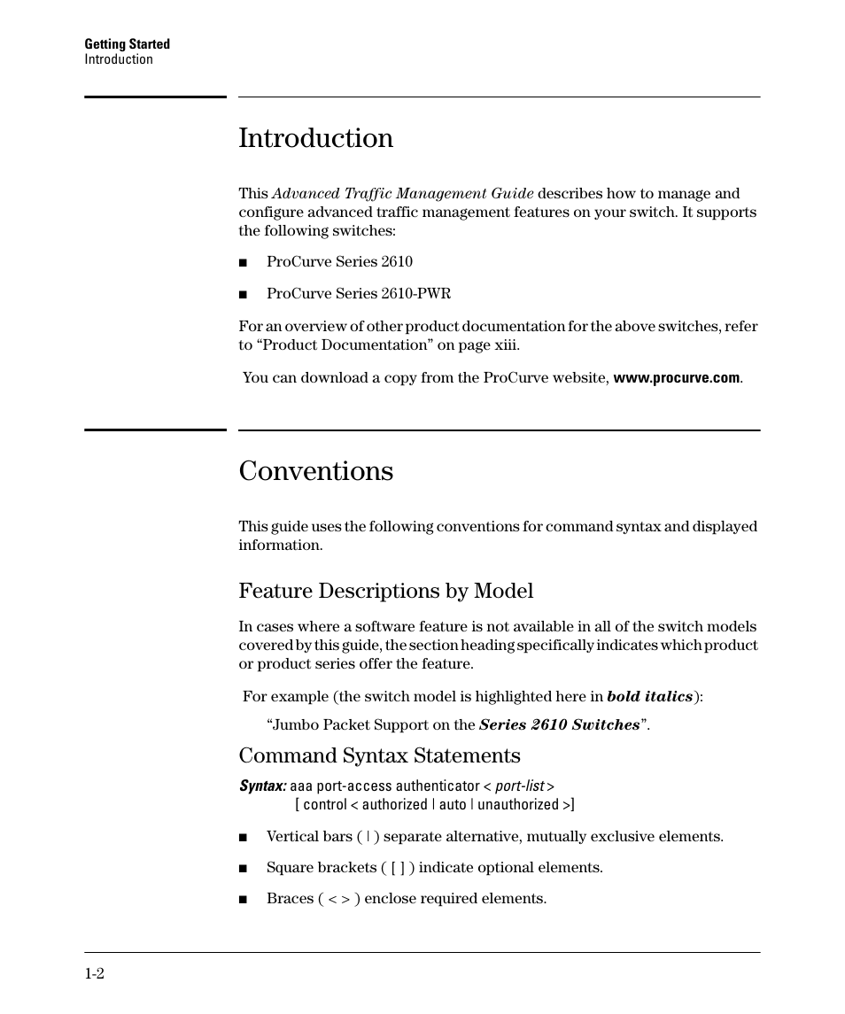Introduction, Conventions, Feature descriptions by model | Command syntax statements, Introduction -2, Conventions -2, Feature descriptions by model -2, Command syntax statements -2 | HP 2610-PWR User Manual | Page 22 / 364