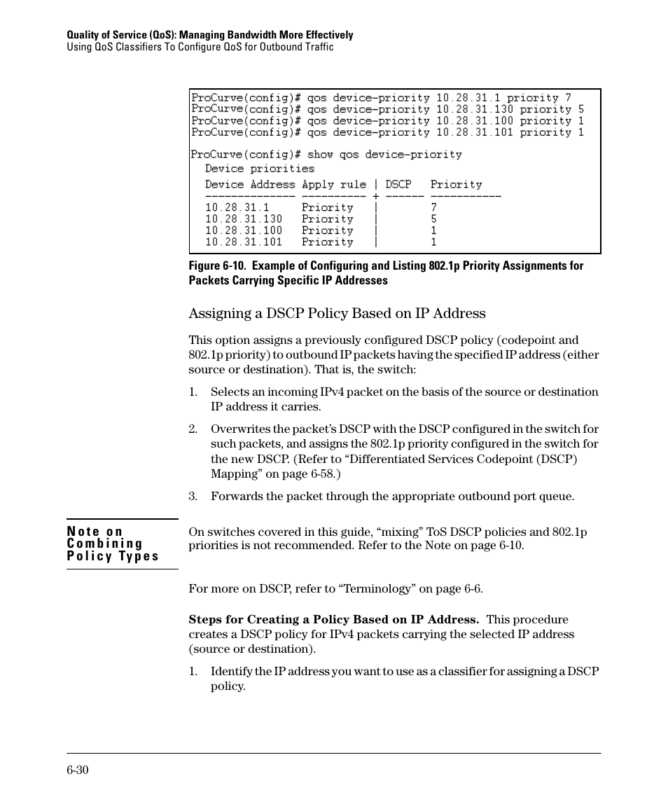 Assigning a dscp policy based on ip address, Assigning a dscp policy based on ip address -30 | HP 2610-PWR User Manual | Page 220 / 364