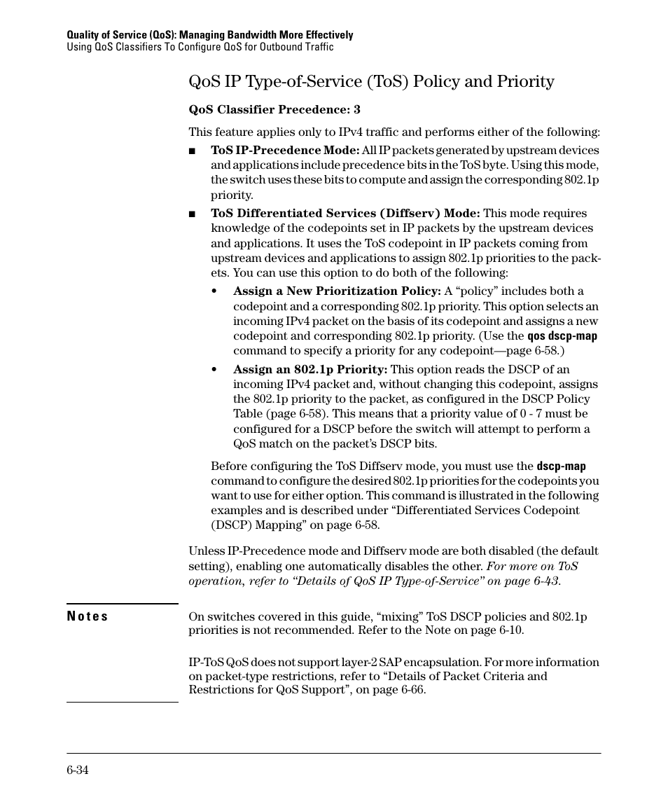 Qos ip type-of-service (tos) policy and priority | HP 2610-PWR User Manual | Page 224 / 364