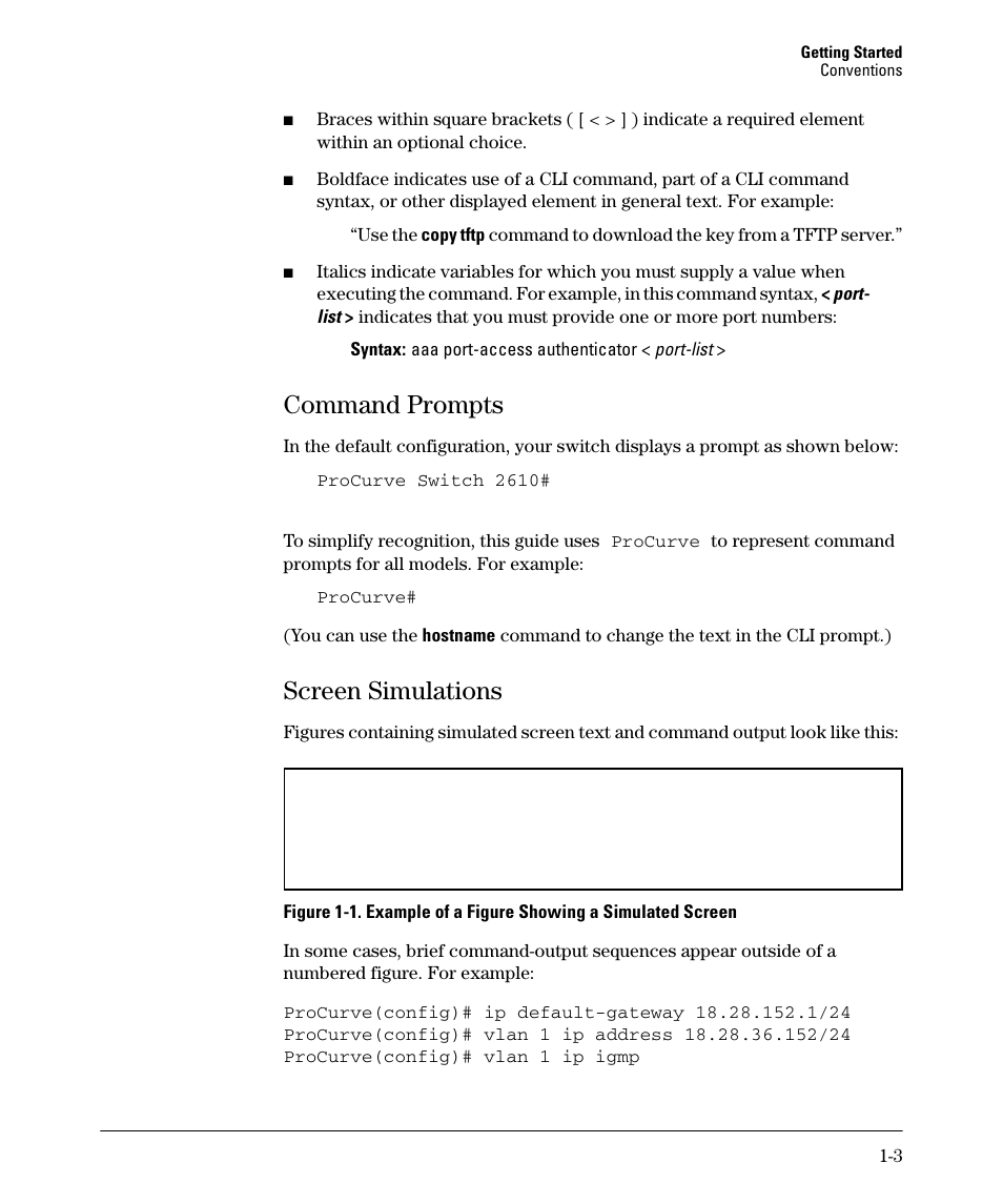 Command prompts, Screen simulations, Command prompts -3 | Screen simulations -3 | HP 2610-PWR User Manual | Page 23 / 364