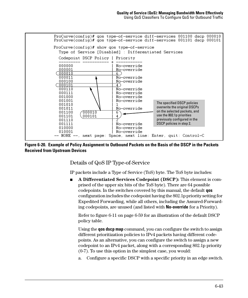 Details of qos ip type-of-service, Details of qos ip type-of-service -43 | HP 2610-PWR User Manual | Page 233 / 364