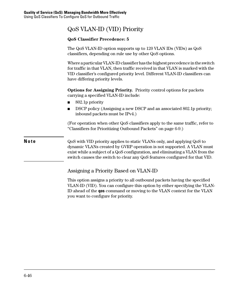 Qos vlan-id (vid) priority, Assigning a priority based on vlan-id, Qos vlan-id (vid) priority -46 | Assigning a priority based on vlan-id -46 | HP 2610-PWR User Manual | Page 236 / 364