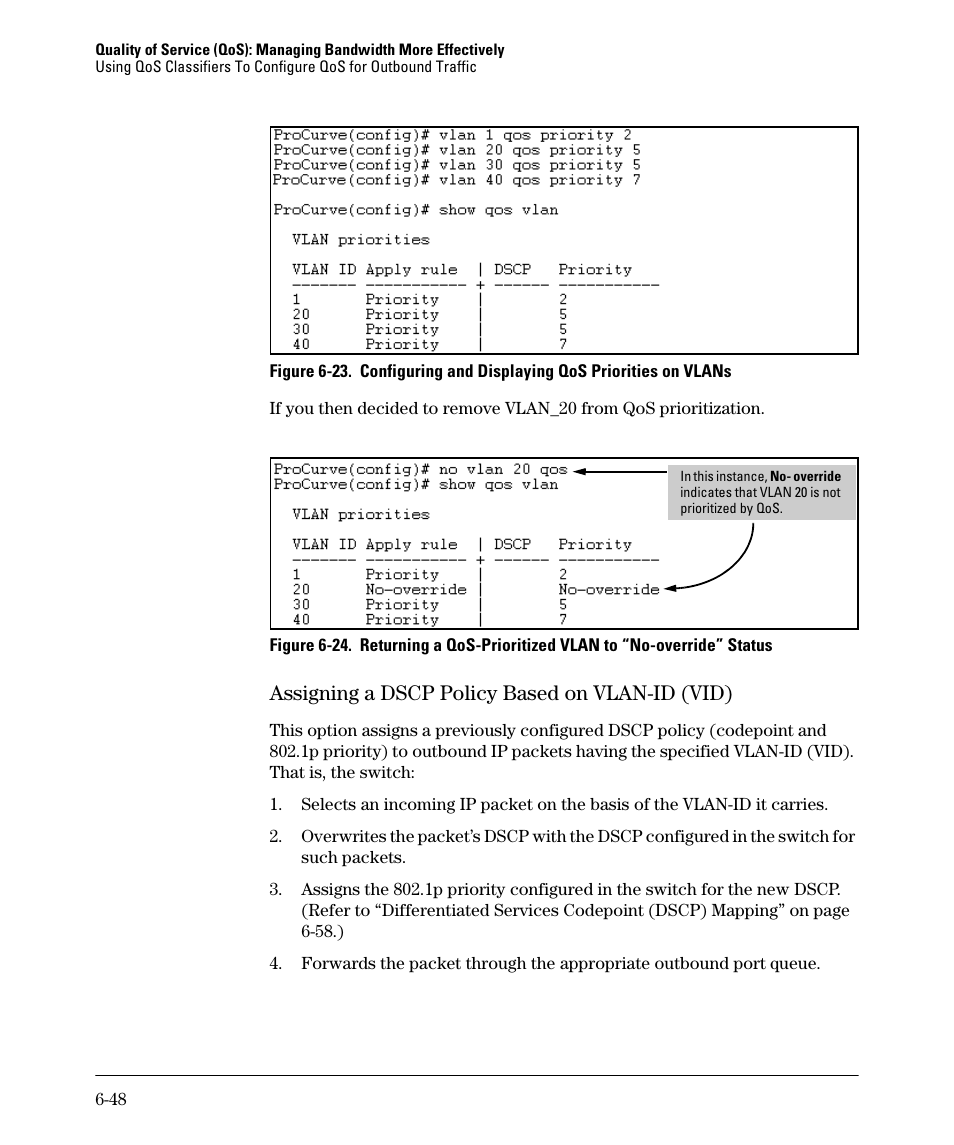 Assigning a dscp policy based on vlan-id (vid), Assigning a dscp policy based on vlan-id (vid) -48 | HP 2610-PWR User Manual | Page 238 / 364