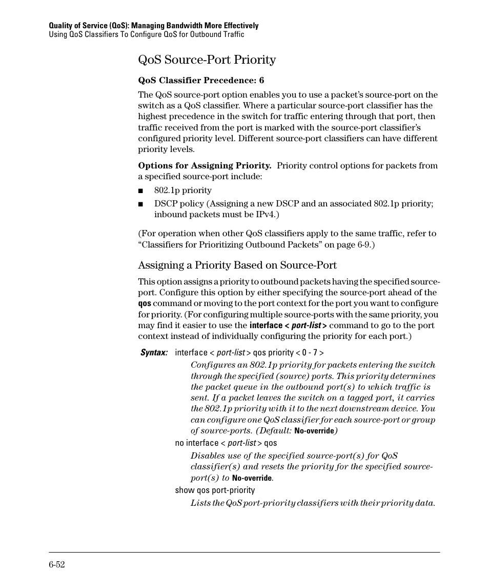 Qos source-port priority, Assigning a priority based on source-port, Qos source-port priority -52 | Assigning a priority based on source-port -52 | HP 2610-PWR User Manual | Page 242 / 364