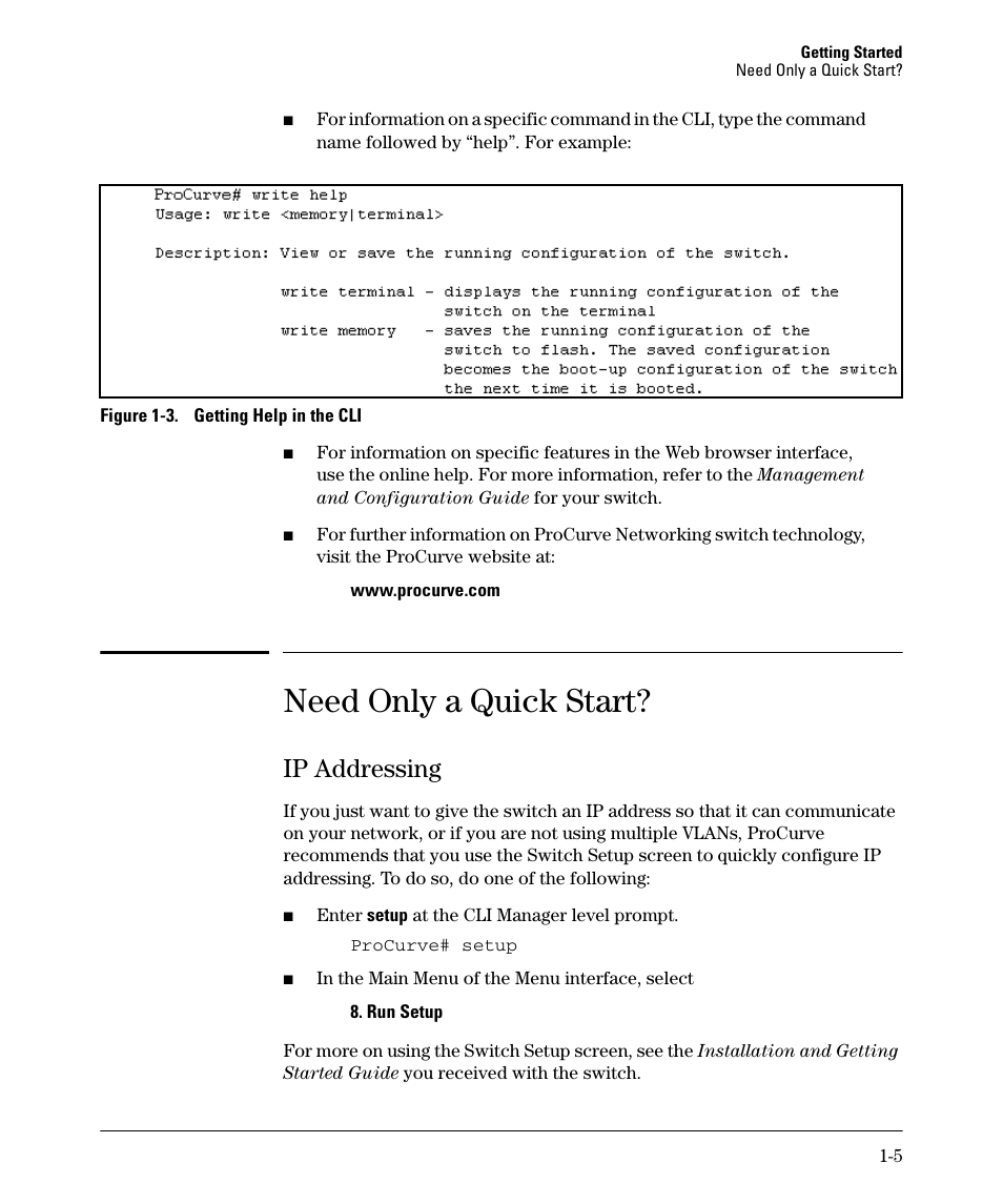 Need only a quick start, Ip addressing, Need only a quick start? -5 | Ip addressing -5 | HP 2610-PWR User Manual | Page 25 / 364