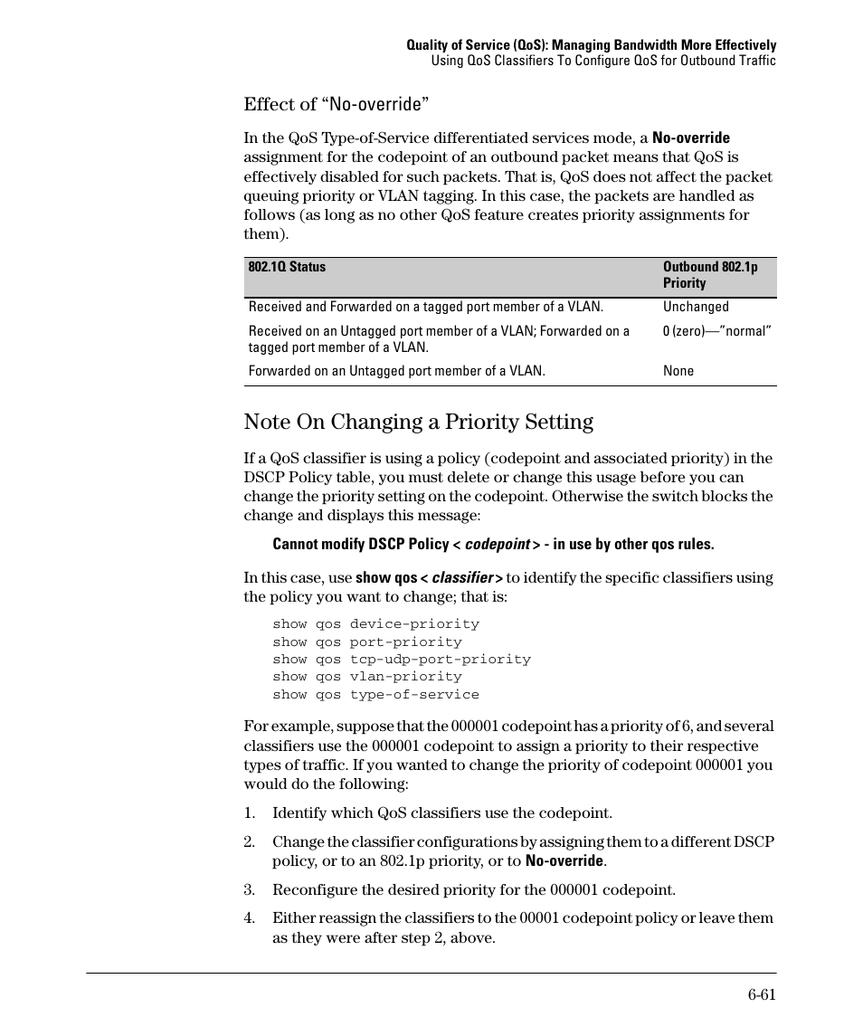 Effect of “no-override, Note on changing a priority setting, Effect of “no | Note on changing a priority setting -61, Note on changing a priority setting -62, Effect of “ no-override | HP 2610-PWR User Manual | Page 251 / 364