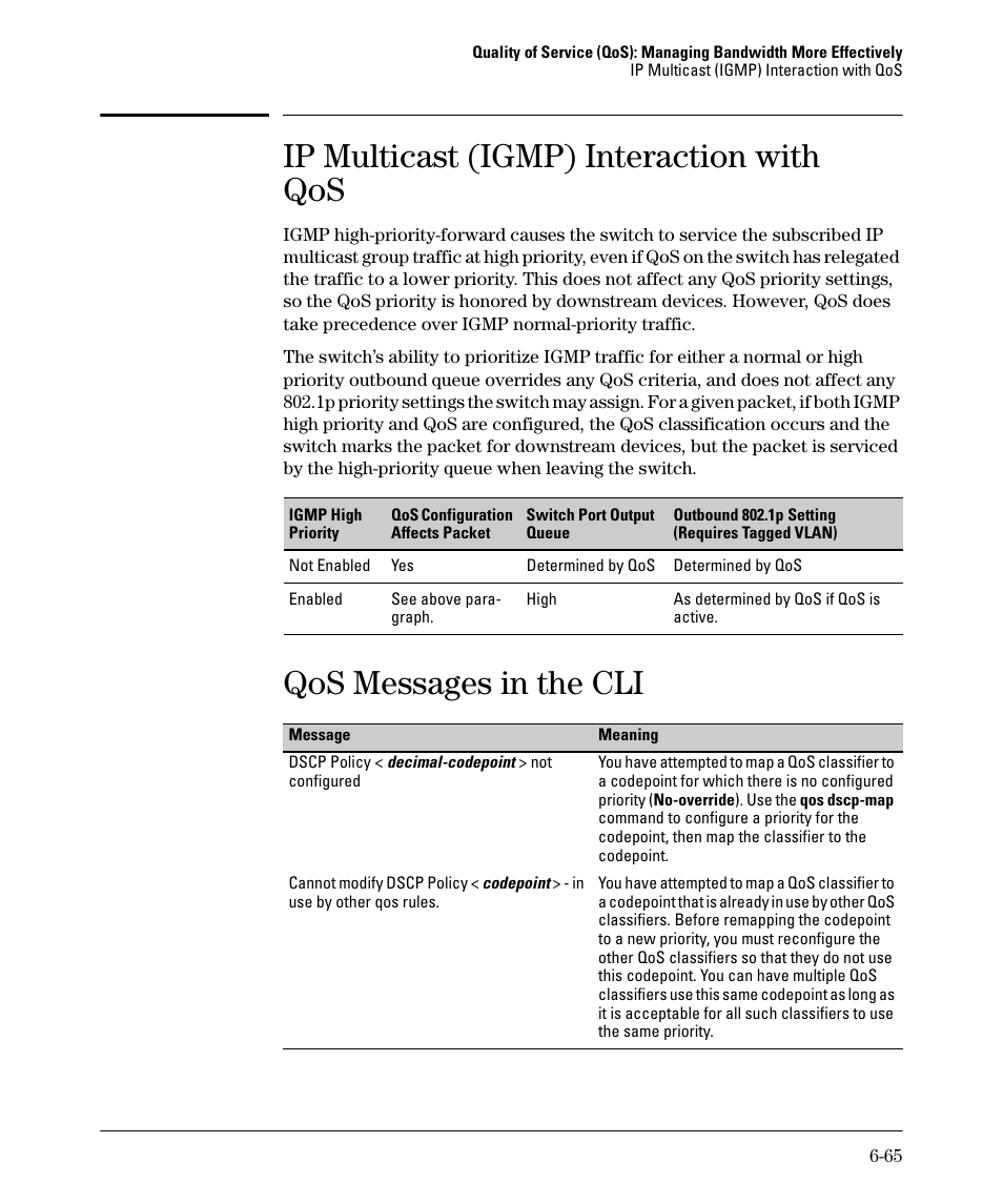 Ip multicast (igmp) interaction with qos, Qos messages in the cli, Ip multicast (igmp) interaction with qos -65 | Qos messages in the cli -65 | HP 2610-PWR User Manual | Page 255 / 364