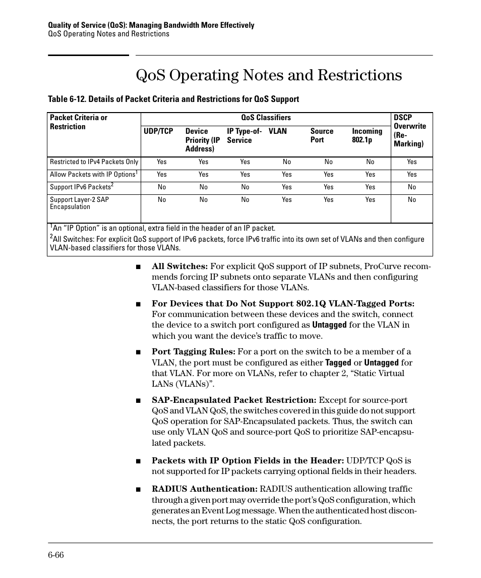 Qos operating notes and restrictions, Qos operating notes and restrictions -66 | HP 2610-PWR User Manual | Page 256 / 364