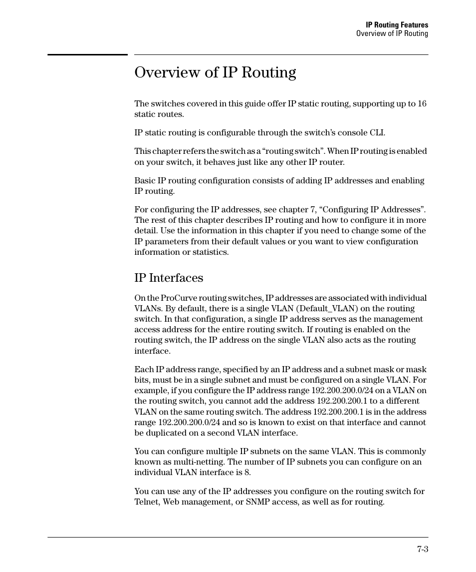 Overview of ip routing, Ip interfaces, Overview of ip routing -3 | Ip interfaces -3 | HP 2610-PWR User Manual | Page 261 / 364