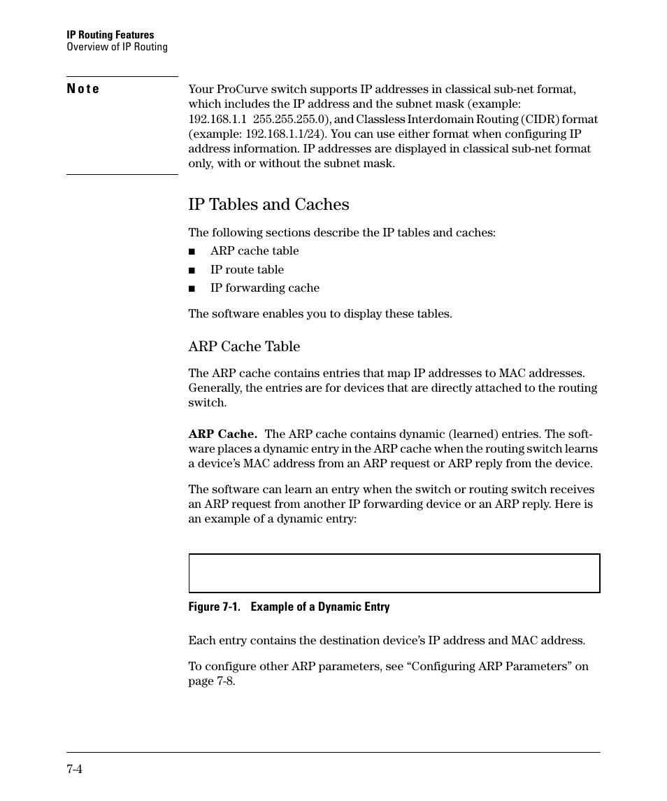 Ip tables and caches, Arp cache table, Ip tables and caches -4 | Arp cache table -4 | HP 2610-PWR User Manual | Page 262 / 364