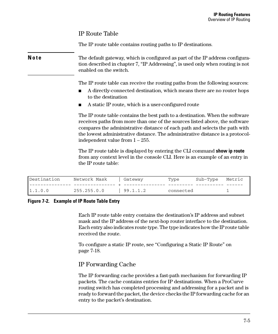 Ip route table, Ip forwarding cache, Ip route table -5 ip forwarding cache -5 | HP 2610-PWR User Manual | Page 263 / 364