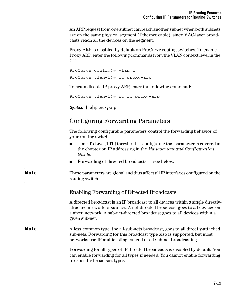 Configuring forwarding parameters, Enabling forwarding of directed broadcasts, Configuring forwarding parameters -13 | Enabling forwarding of directed broadcasts -13 | HP 2610-PWR User Manual | Page 271 / 364