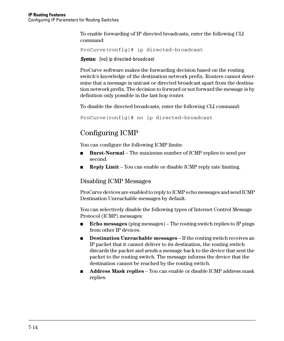 Configuring icmp, Disabling icmp messages, Configuring icmp -14 | Disabling icmp messages -14, Configuring icmp -15, Disabling icmp messages -15 | HP 2610-PWR User Manual | Page 272 / 364