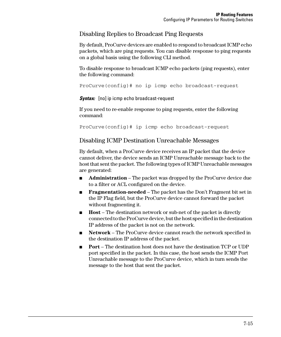 Disabling replies to broadcast ping requests, Disabling icmp destination unreachable messages | HP 2610-PWR User Manual | Page 273 / 364