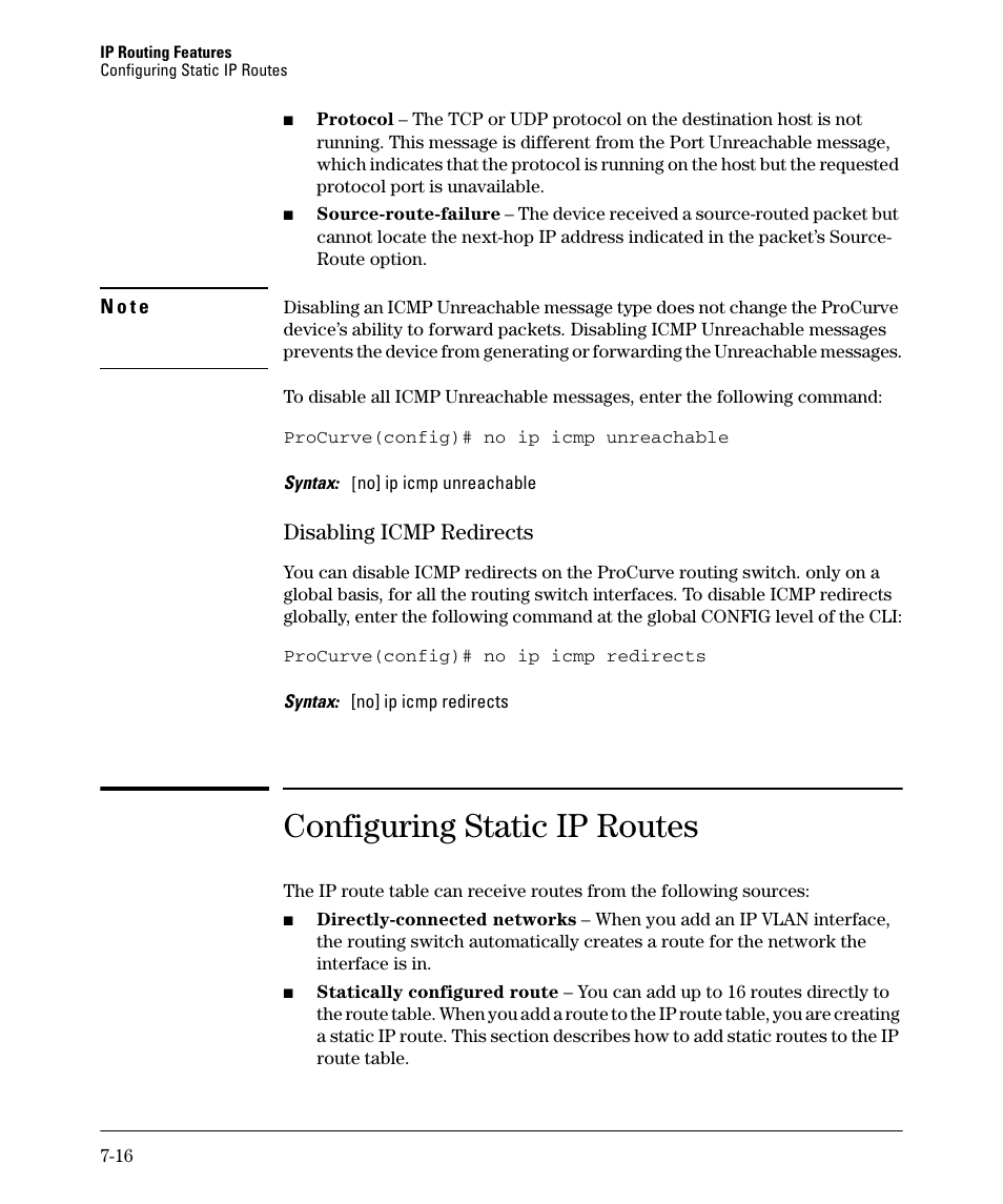 Disabling icmp redirects, Configuring static ip routes, Disabling icmp redirects -16 | Configuring static ip routes -16, Disabling icmp redirects -17, Configuring static ip routes -17 | HP 2610-PWR User Manual | Page 274 / 364