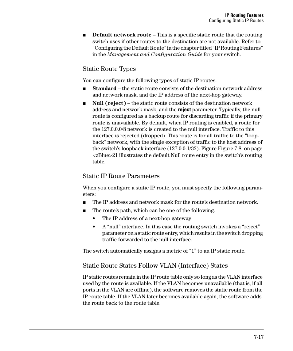 Static route types, Static ip route parameters, Static route states follow vlan (interface) states | HP 2610-PWR User Manual | Page 275 / 364