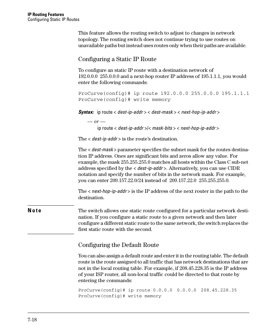 Configuring a static ip route, Configuring the default route | HP 2610-PWR User Manual | Page 276 / 364