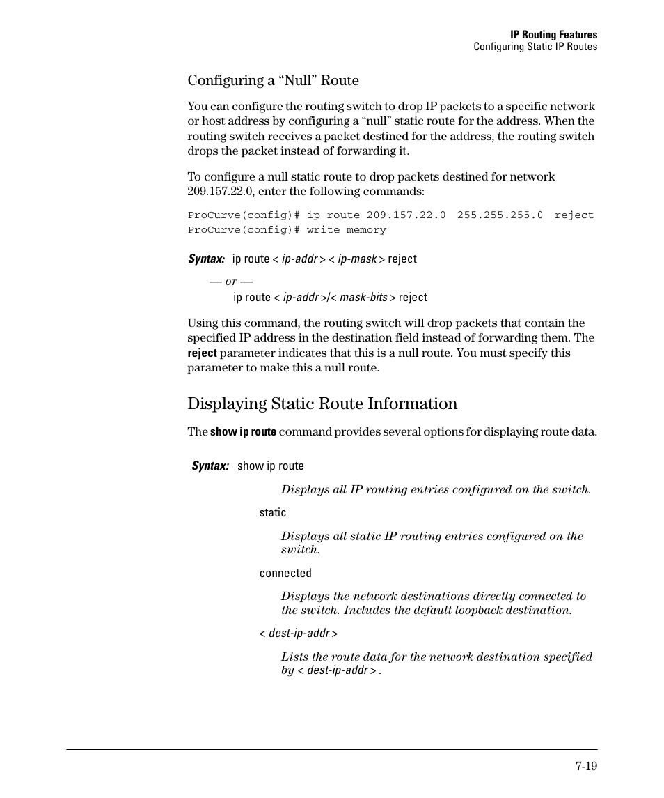 Configuring a “null” route, Displaying static route information, Configuring a “null” route -19 | Displaying static route information -19, Displaying static route information -20 | HP 2610-PWR User Manual | Page 277 / 364