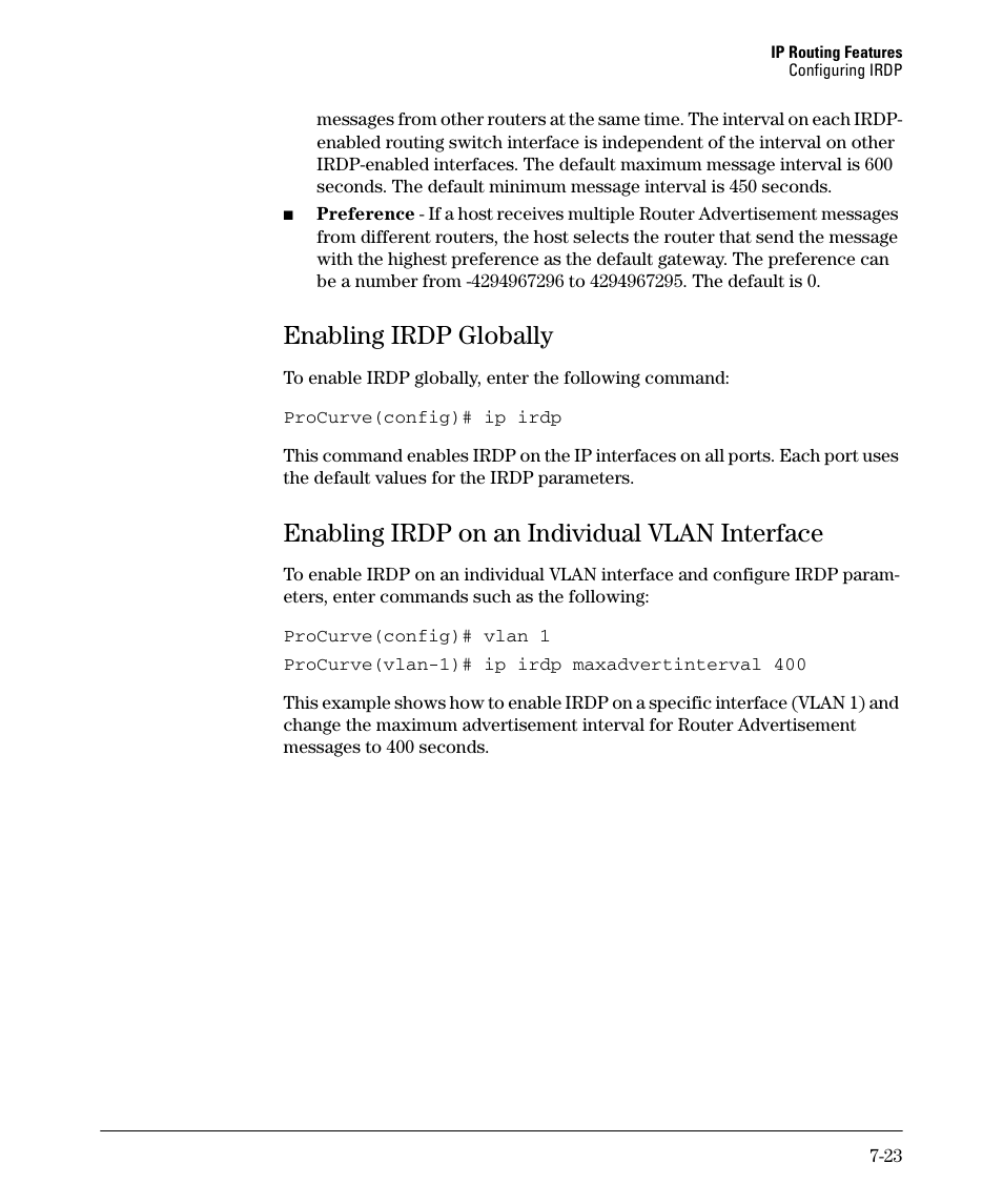 Enabling irdp globally, Enabling irdp on an individual vlan interface, Enabling irdp globally -23 | Enabling irdp on an individual vlan interface -23 | HP 2610-PWR User Manual | Page 281 / 364