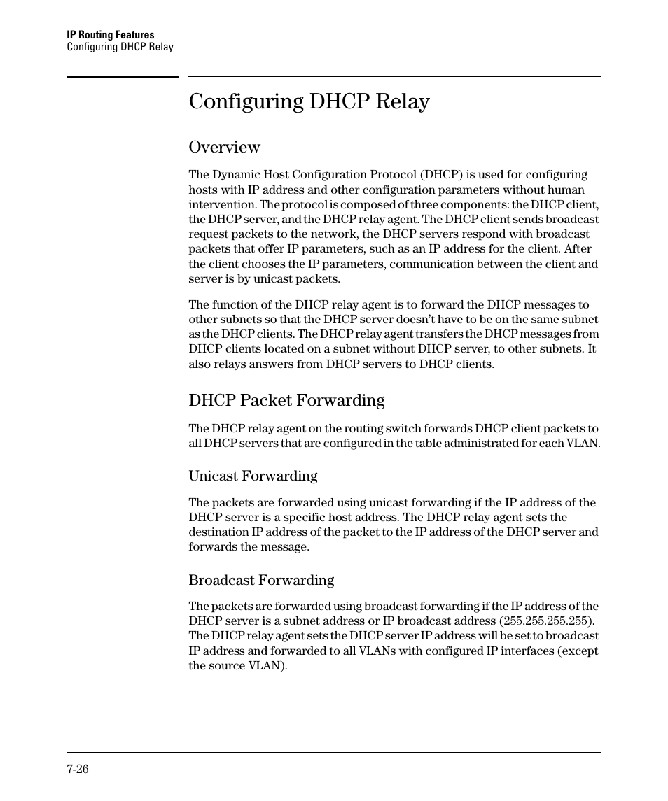 Configuring dhcp relay, Overview, Dhcp packet forwarding | Unicast forwarding, Broadcast forwarding, Configuring dhcp relay -26, Overview -26, Dhcp packet forwarding -26, Unicast forwarding -26 broadcast forwarding -26 | HP 2610-PWR User Manual | Page 284 / 364