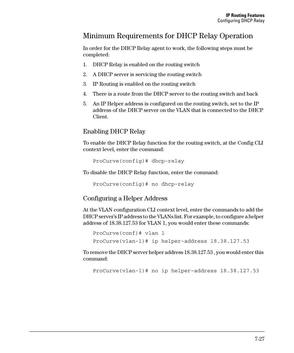 Minimum requirements for dhcp relay operation, Enabling dhcp relay, Configuring a helper address | Minimum requirements for dhcp relay operation -27 | HP 2610-PWR User Manual | Page 285 / 364