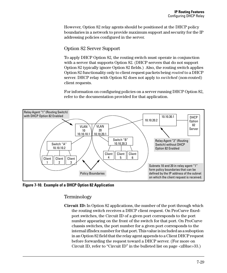 Option 82 server support, Terminology, Option 82 server support -29 terminology -29 | HP 2610-PWR User Manual | Page 287 / 364