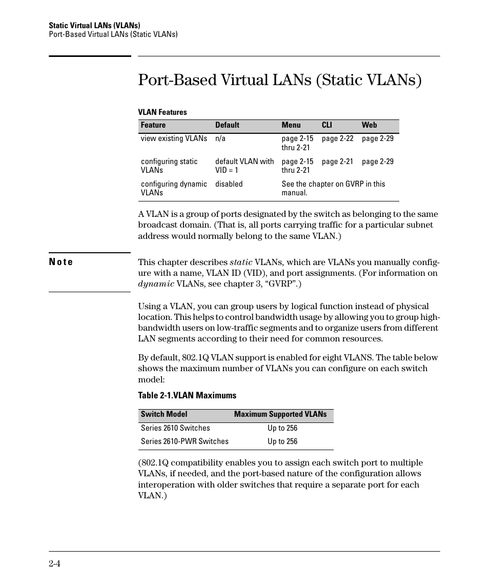 Port-based virtual lans (static vlans), Port-based virtual lans (static vlans) -4 | HP 2610-PWR User Manual | Page 30 / 364