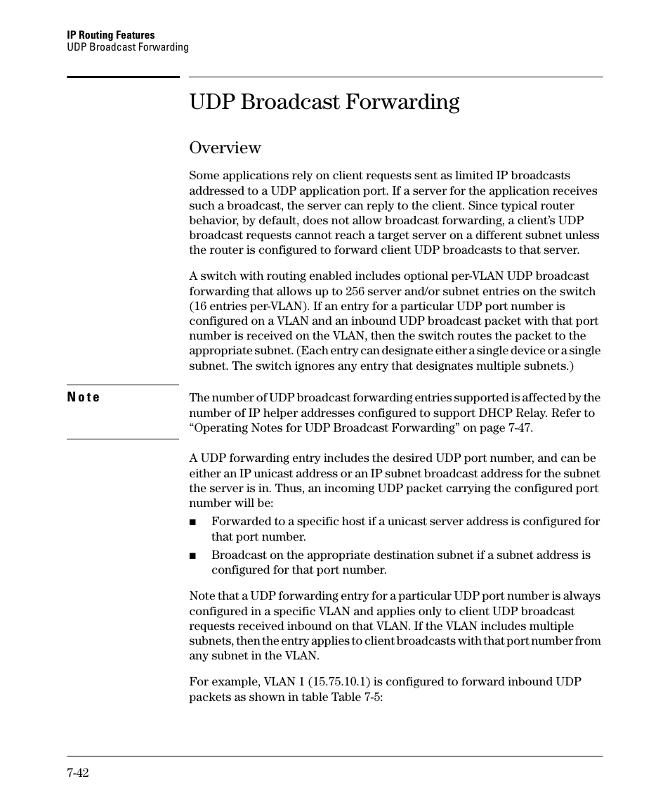 Udp broadcast forwarding, Overview, Udp broadcast forwarding -42 | Overview -42 | HP 2610-PWR User Manual | Page 300 / 364