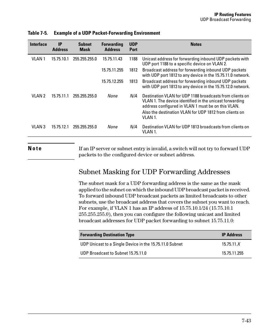 Subnet masking for udp forwarding addresses, Subnet masking for udp forwarding addresses -43, N o t e | HP 2610-PWR User Manual | Page 301 / 364