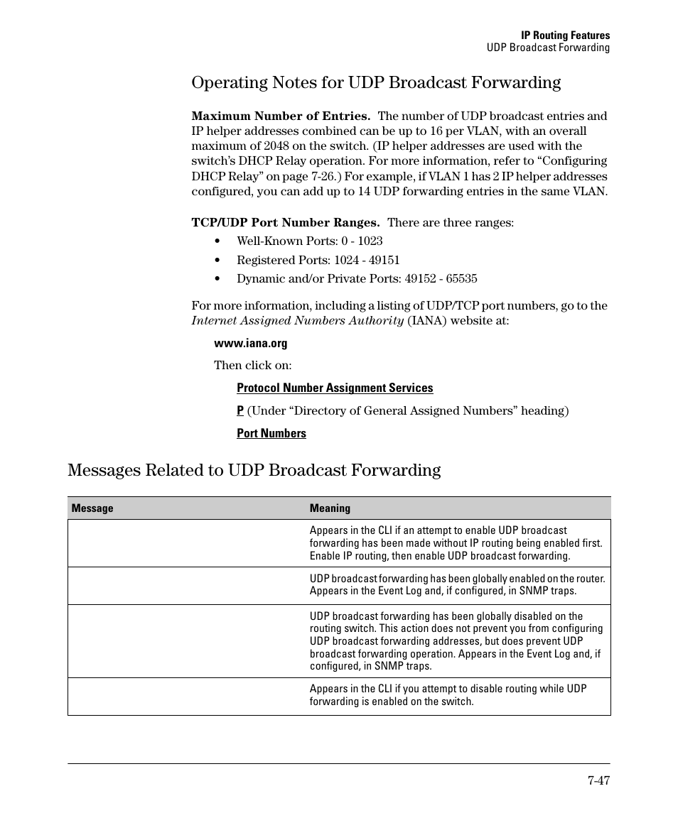 Operating notes for udp broadcast forwarding, Messages related to udp broadcast forwarding, Operating notes for udp broadcast forwarding -47 | Messages related to udp broadcast forwarding -47 | HP 2610-PWR User Manual | Page 305 / 364