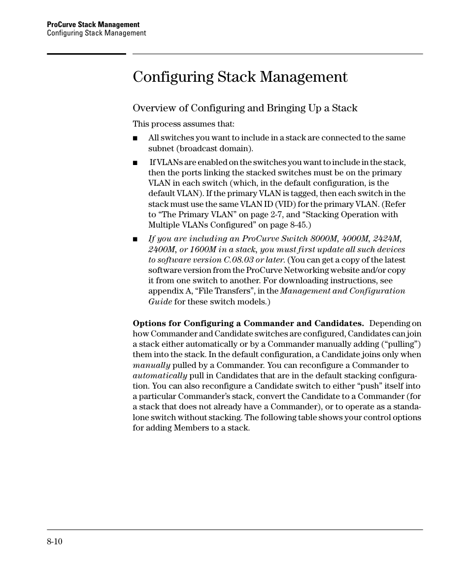 Configuring stack management, Overview of configuring and bringing up a stack, Configuring stack management -10 | HP 2610-PWR User Manual | Page 316 / 364