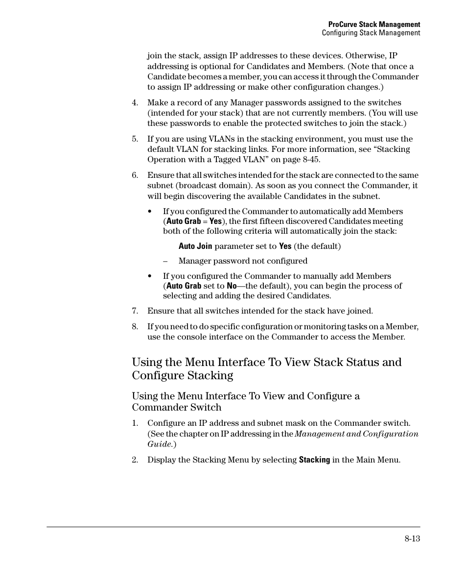 Using the menu interface to view stack status and, Using the menu interface to view and configure a, Configure stacking -13 | Commander switch -13, Switch -14, 13 through 8-3 | HP 2610-PWR User Manual | Page 319 / 364