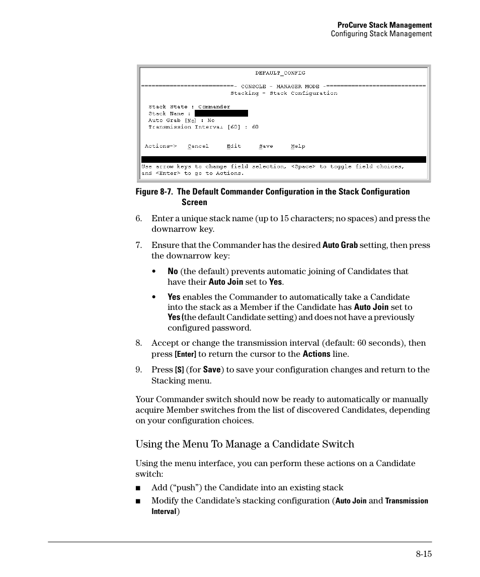 Using the menu to manage a candidate switch, Using the menu to manage a candidate switch -15, Using the menu to manage a candidate switch -16 | HP 2610-PWR User Manual | Page 321 / 364