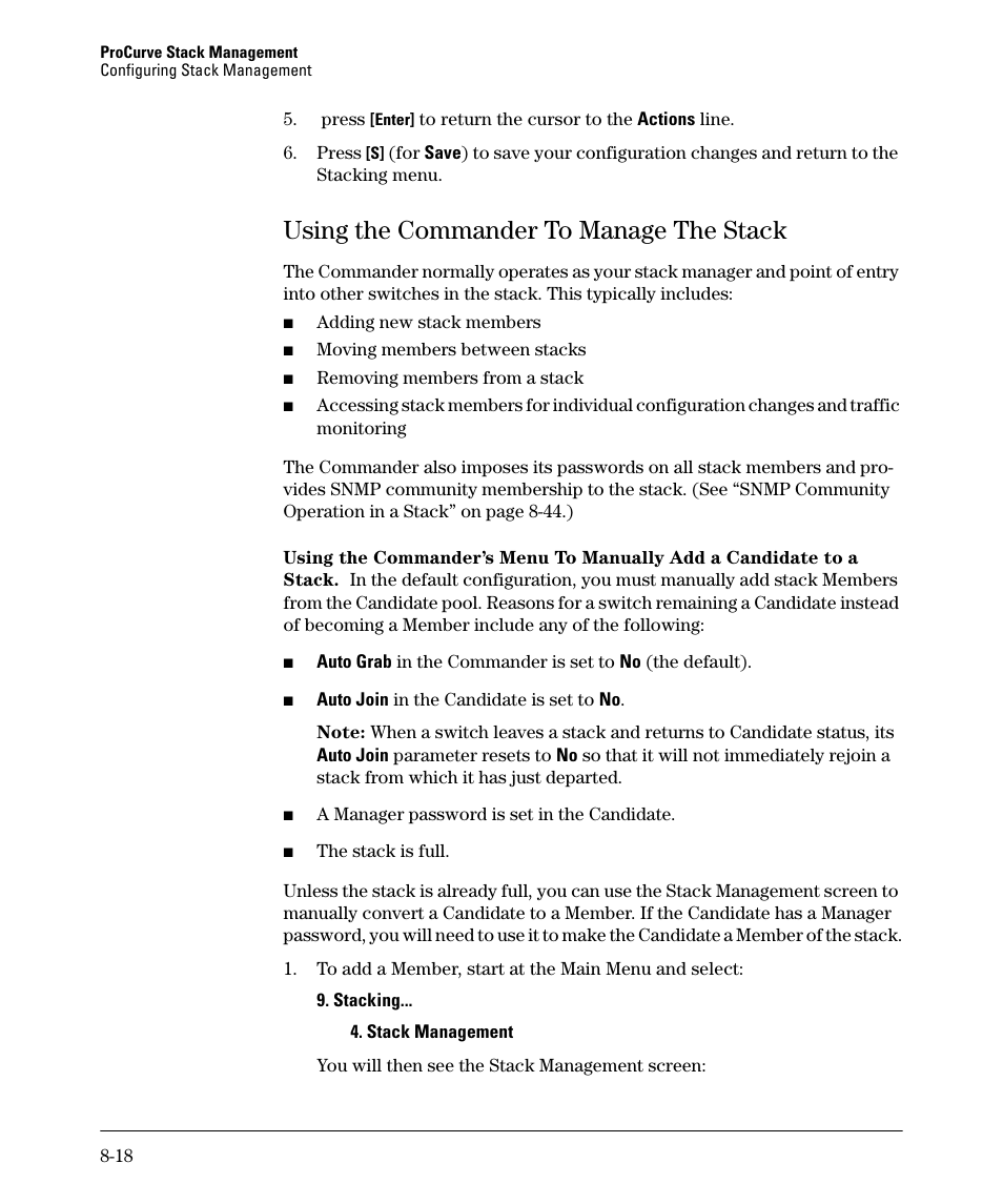 Using the commander to manage the stack, Using the commander to manage the stack -18 | HP 2610-PWR User Manual | Page 324 / 364