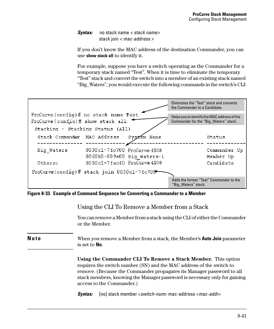 Using the cli to remove a member from a stack, Using the cli to remove a member from a stack -41, Using the cli to remove a member from a stack -42 | HP 2610-PWR User Manual | Page 347 / 364