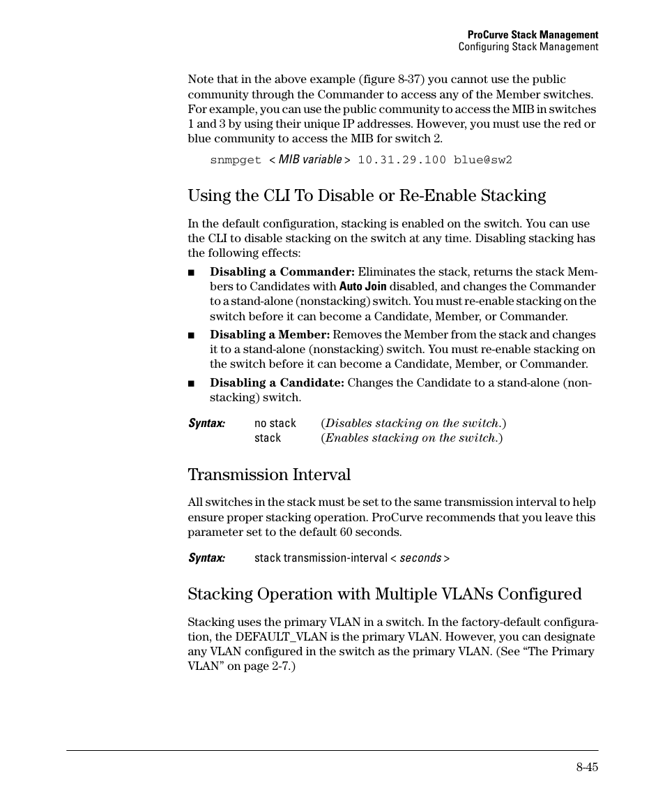 Using the cli to disable or re-enable stacking, Transmission interval, Stacking operation with multiple vlans configured | Using the cli to disable or re-enable stacking -45, Transmission interval -45, Using the cli to disable or re-enable stacking -46, Transmission interval -46 | HP 2610-PWR User Manual | Page 351 / 364