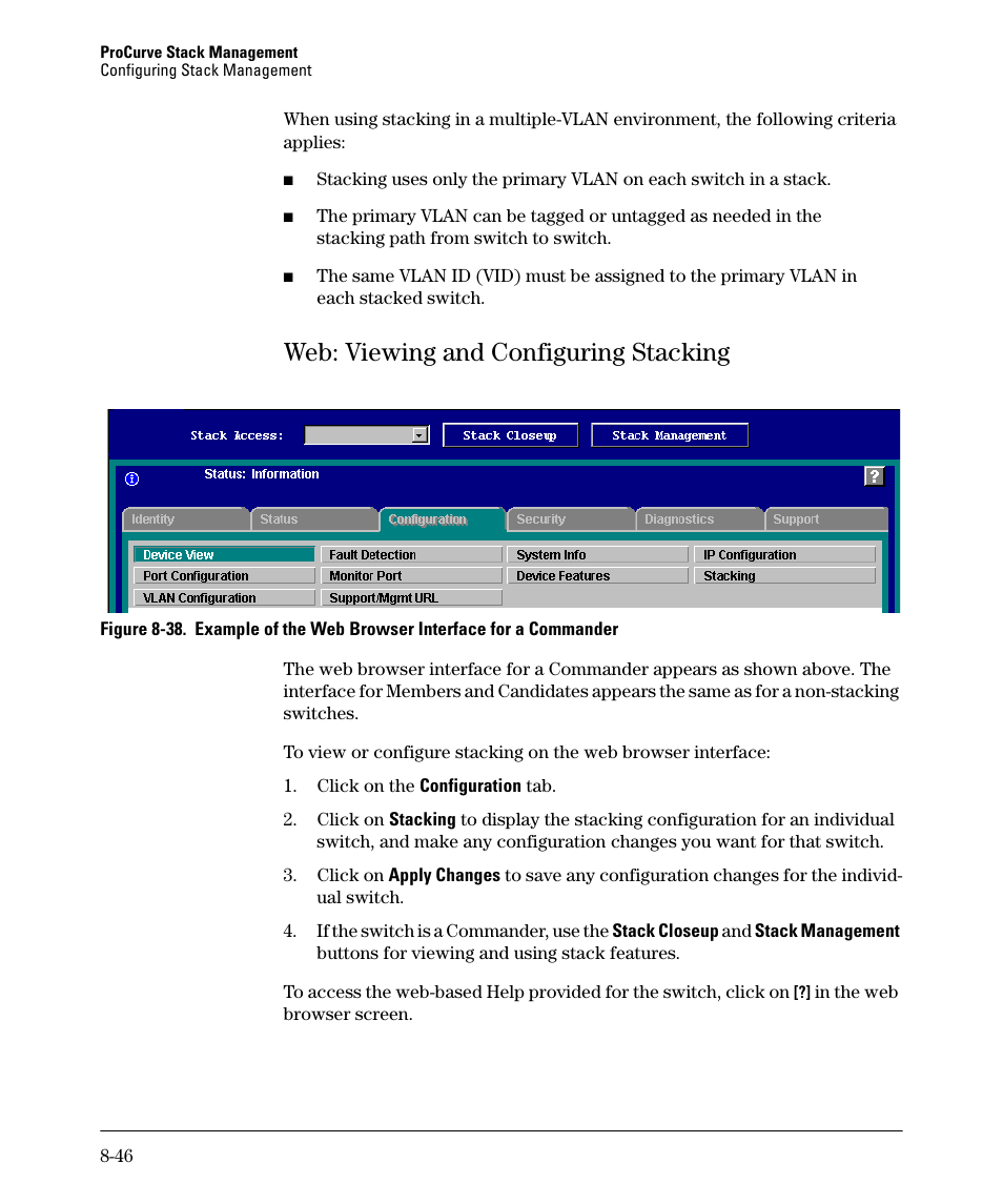 Web: viewing and configuring stacking, Web: viewing and configuring stacking -46, Web: viewing and configuring stacking -47 | HP 2610-PWR User Manual | Page 352 / 364