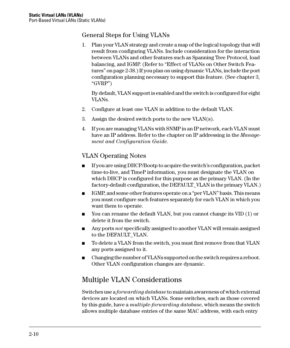 General steps for using vlans, Vlan operating notes, Multiple vlan considerations | Multiple vlan considerations -10 | HP 2610-PWR User Manual | Page 36 / 364