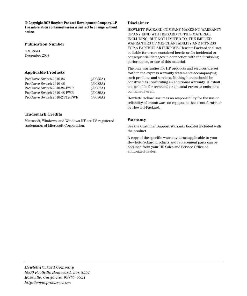 Copyright, notices, & publication data | HP 2610-PWR User Manual | Page 4 / 364