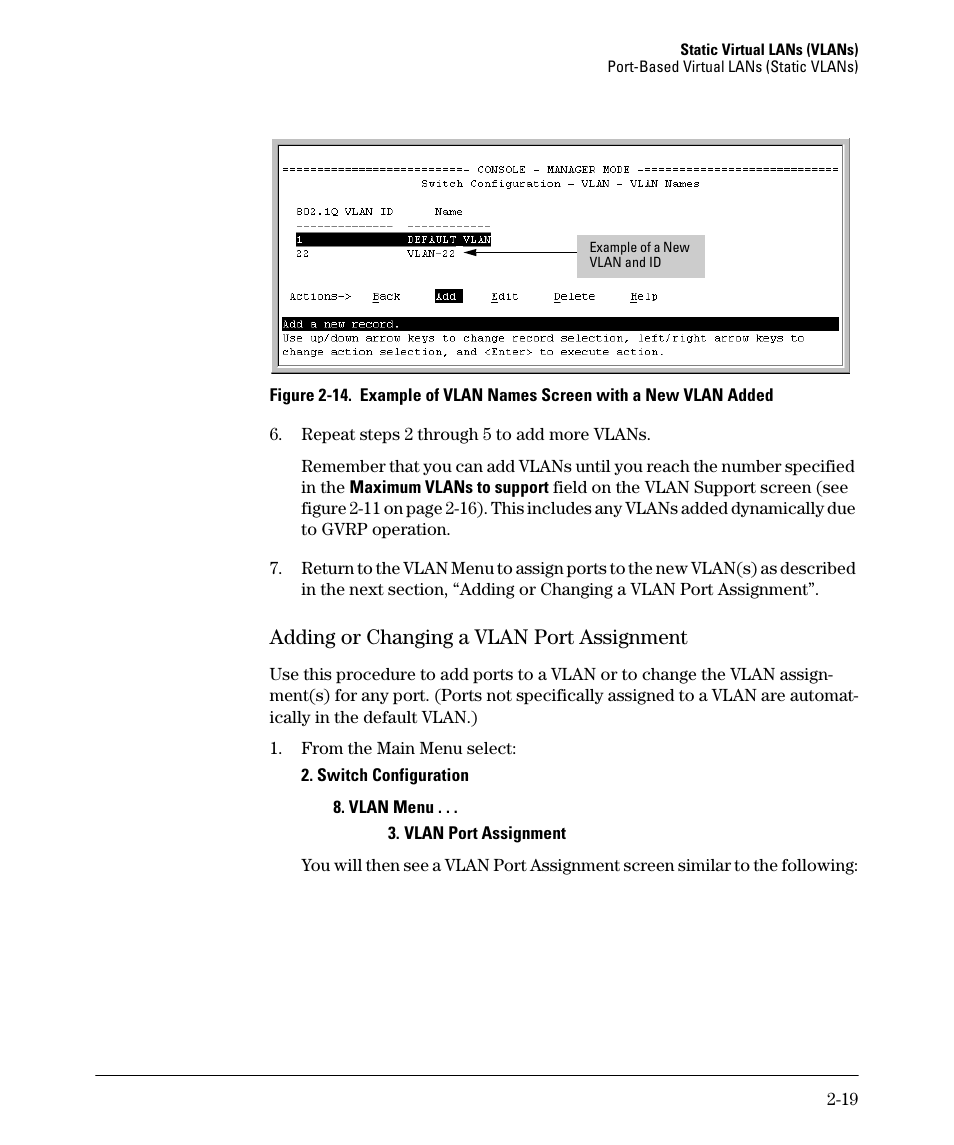 Adding or changing a vlan port assignment, Adding or changing a vlan port assignment -19 | HP 2610-PWR User Manual | Page 45 / 364