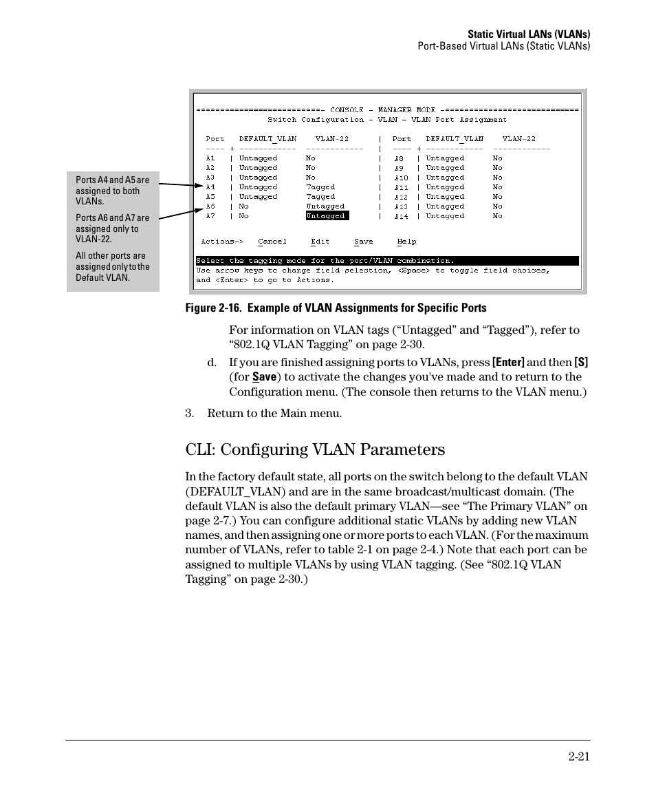 Cli: configuring vlan parameters, Cli: configuring vlan parameters -21, Thru 2-21 | HP 2610-PWR User Manual | Page 47 / 364