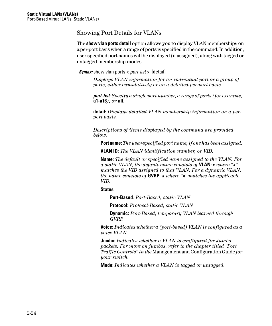 Showing port details for vlans, Showing port details for vlans -24 | HP 2610-PWR User Manual | Page 50 / 364