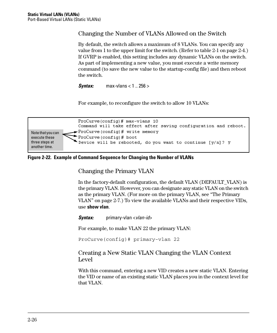 Changing the number of vlans allowed on the switch, Changing the primary vlan | HP 2610-PWR User Manual | Page 52 / 364