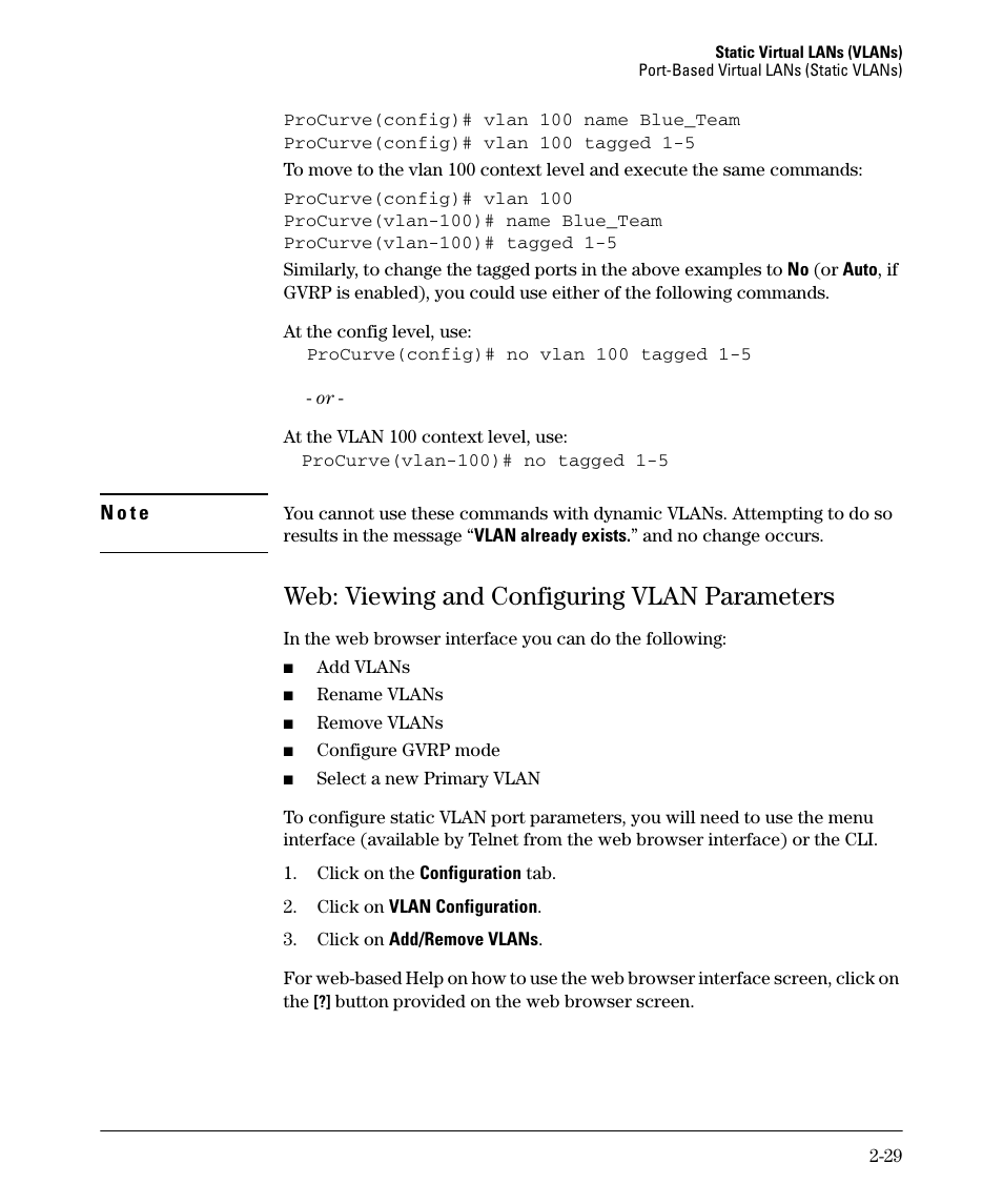 Web: viewing and configuring vlan parameters, Web: viewing and configuring vlan parameters -29 | HP 2610-PWR User Manual | Page 55 / 364