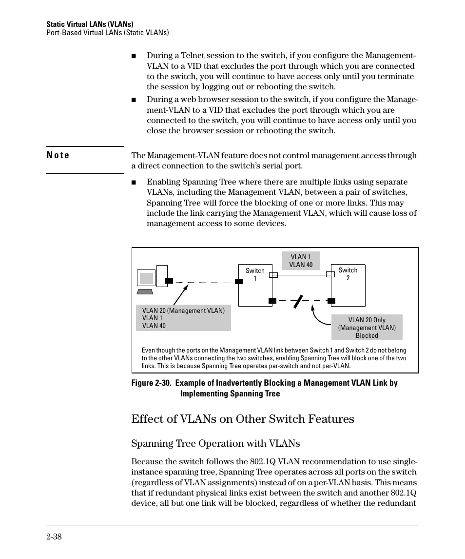 Effect of vlans on other switch features, Spanning tree operation with vlans, Effect of vlans on other switch features -38 | Spanning tree operation with vlans -38, Ge 2-38) | HP 2610-PWR User Manual | Page 64 / 364