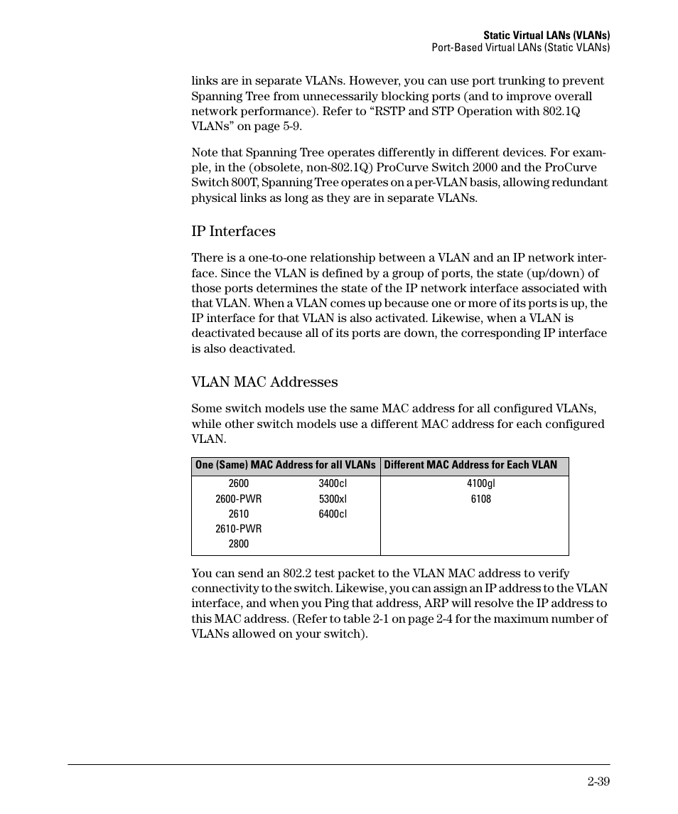 Ip interfaces, Vlan mac addresses, Ip interfaces -39 vlan mac addresses -39 | HP 2610-PWR User Manual | Page 65 / 364