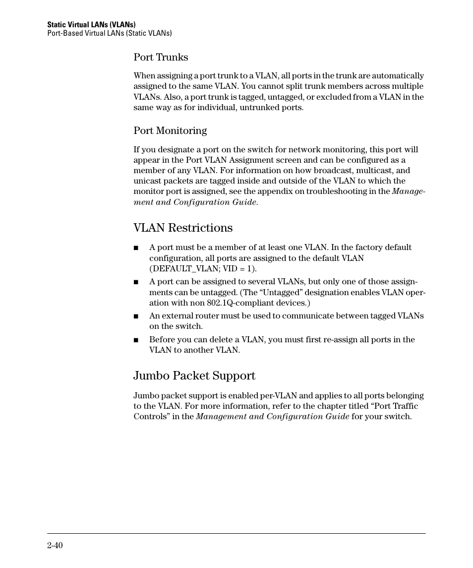 Port trunks, Port monitoring, Vlan restrictions | Jumbo packet support, Port trunks -40 port monitoring -40, Vlan restrictions -40, Jumbo packet support -40 | HP 2610-PWR User Manual | Page 66 / 364