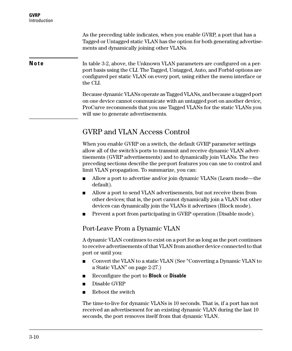 Gvrp and vlan access control, Port-leave from a dynamic vlan, Gvrp and vlan access control -10 | Port-leave from a dynamic vlan -10 | HP 2610-PWR User Manual | Page 76 / 364